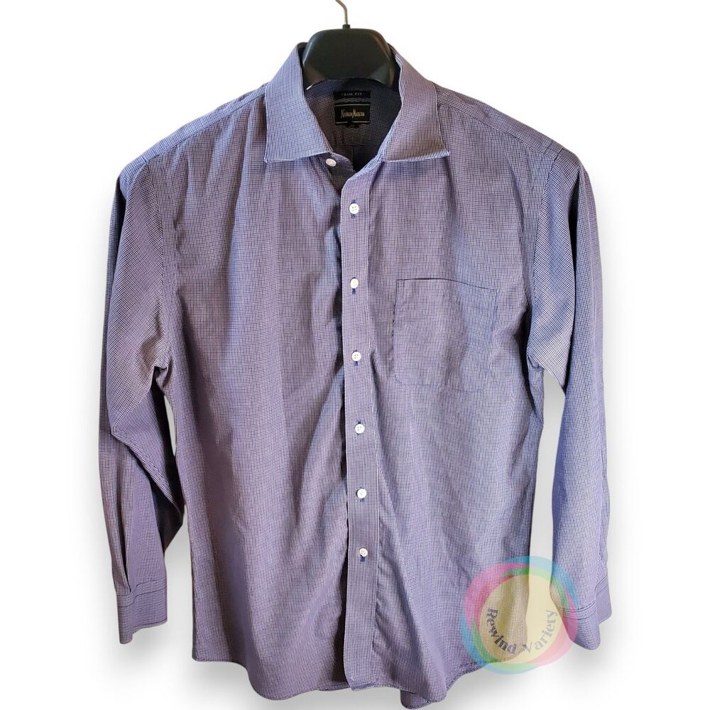 Neiman Marcus Blue Check Trim Fit Dress Shirt 16